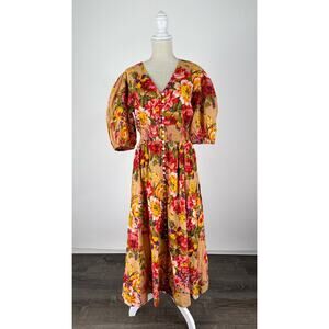 Talisman Halo V Neck Puffed Sleeve Valencia Floral Metallic Midi Dress Size Med
